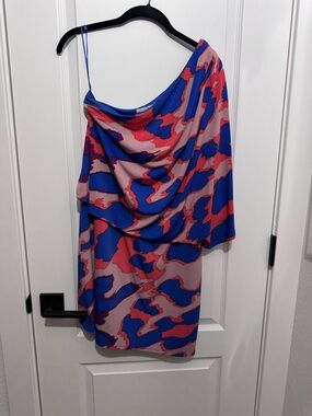Jessica Simpson One-Shoulder Blue and Pink Abstract Draped Dress